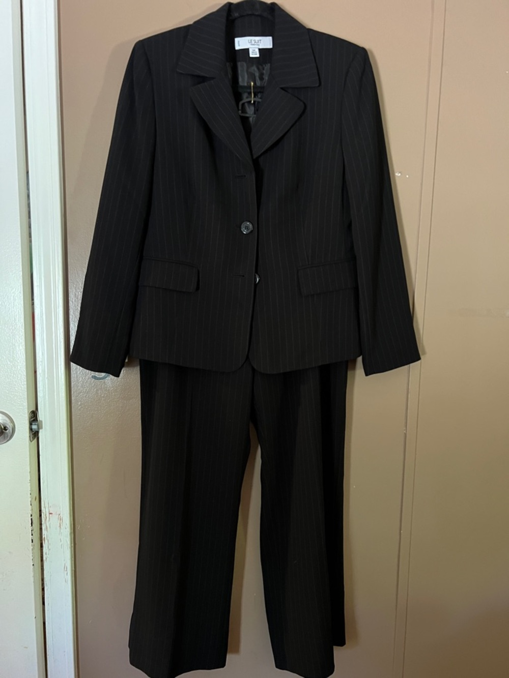Le Suit Black Pinstripe Pantsuit